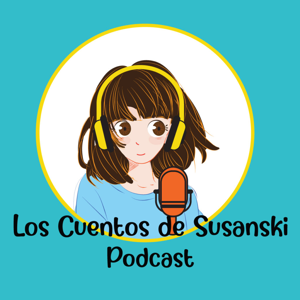 Sobre fondo azul, se ve el avatar de Susanski pero esta vez lleva cascos amarillos y hay un microfono delante en naranja. El texto que pone debajo es Los Cuentos de Susanski Podcast.